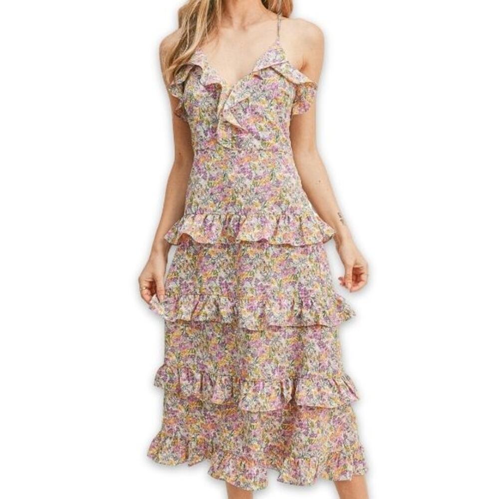 Lush Maxi Sundress Boho Tiered Ruffle Adjustable Straps Yellow/Lavender W L NWT